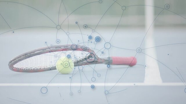 Animation starting from still racket and ball, network appearing, spreading, visualizing data