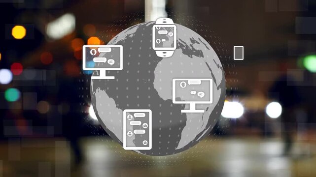 Gray dotted globe appearing, causing devices popping and orbiting, globe rotating, showing network