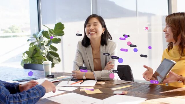 Center woman leading biz team shaking hands on man's cue closing deal bubbles floating over people