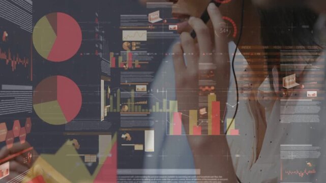 Female call-center agent adjusting headset and speaking for support, charts floating over keyboards