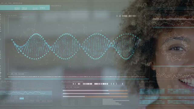 Vertical video: Woman opening eyes, smiling as holo DNA helix initiating health scan of face charts