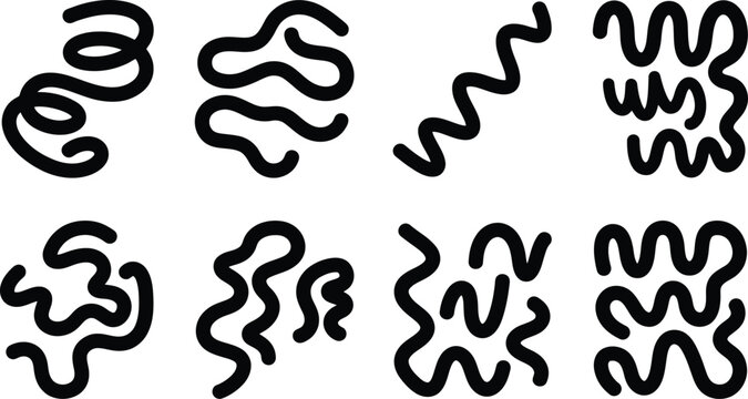 Ocho l&iacute;neas onduladas y rizadas negras sobre un fondo blanco, formando patrones abstractos y org&aacute;nicos.