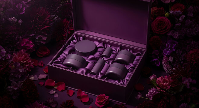 Luxury skincare cosmetic set mockup in purple floral premium gift box design