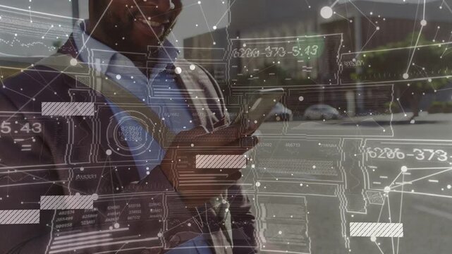 Businessman standing in sunny roadside, tapping smartphone and initiating HUD analytics overlay