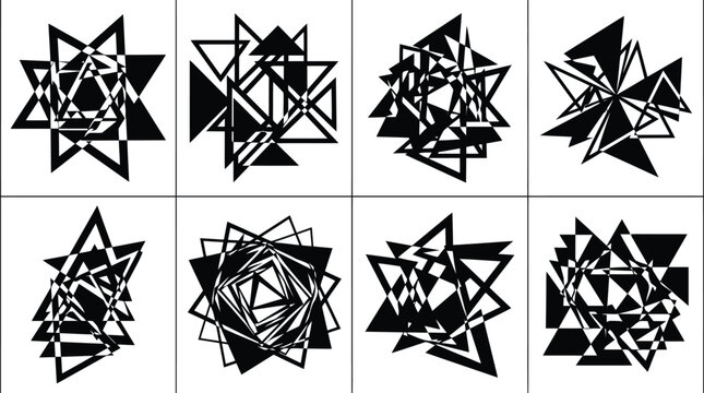 Conjunto de ocho pinceles abstractos de formas geom&eacute;tricas triangulares y estrellas en blanco y negro.