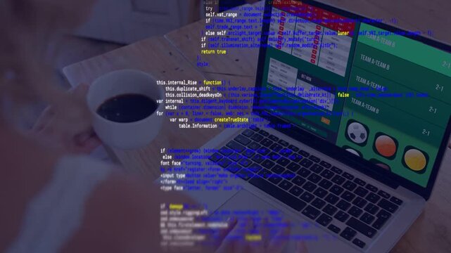 Person placing coffee mug down, typing and updating laptop dashboard while code overlay scrolling