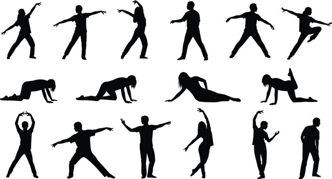 Collection of Expressive Modern Dance Silhouettes Featuring Contemporary Dancers in Creative Poses and Dynamic Artistic Movements Isolated on White Background