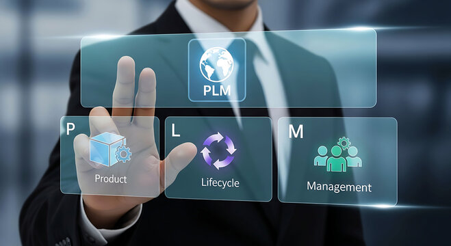 Businessman touching virtual screen with PLM Product Lifecycle Management concept