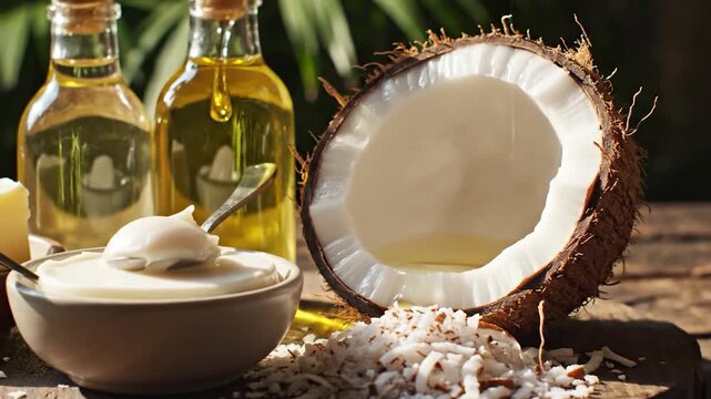 A close-up shot of coconut oil, butter and a halved coconut, showcasing natural ingredients and healthy food options