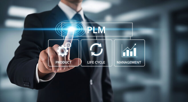 Business Man Touching PLM Product Life Cycle Management Digital Interface Screen