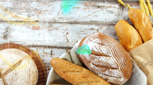 On teal blobs appearing, overlays sweeping across artisanal bread, view rising to highlight rolls