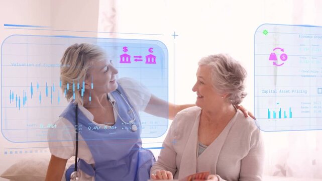 Nurse entering cupping senior cheek and guiding health pamphlet showing HUD charts and bank icons