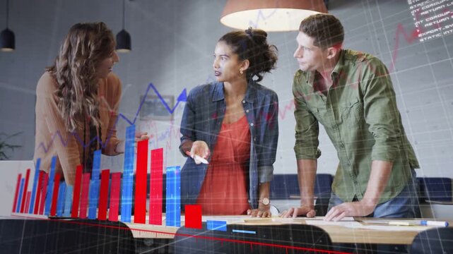 Lead woman pointing papers guiding business team, sparking 3D charts growing, driving decisions
