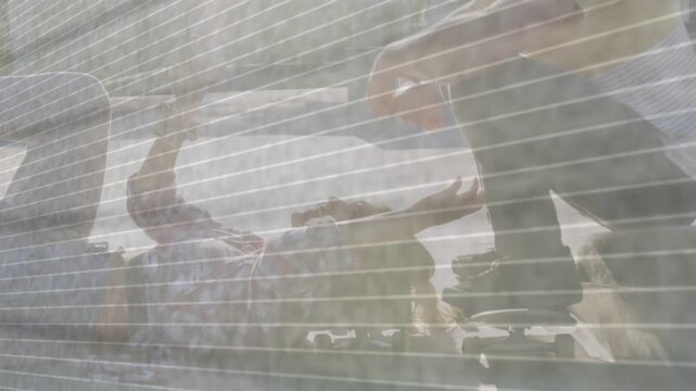Man kneeling over woman lying on rear seat, reaching and sharing affection under window lines, film