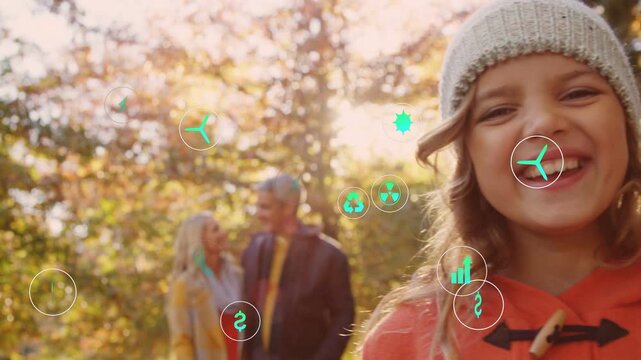 Child in beanie moving forward, camera shifting, teal icons overlaying foreground, showing energy