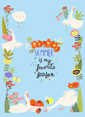 Obraz premium Cute Cartoon Frame with Gooses and Summer Flowers, Plants and Bees