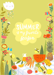 Fototapeta premium Table With Delicious Fruits and Vegetables in Summer Flowers Frame
