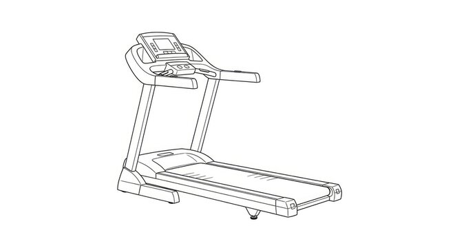 A black and white line drawing depicts a treadmill. The treadmill features a console with a display screen and control buttons.