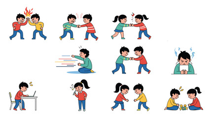 Fototapeta premium Illustrations of children expressing anger and fighting over toys to show negative emotions and behavioral problems in kids.