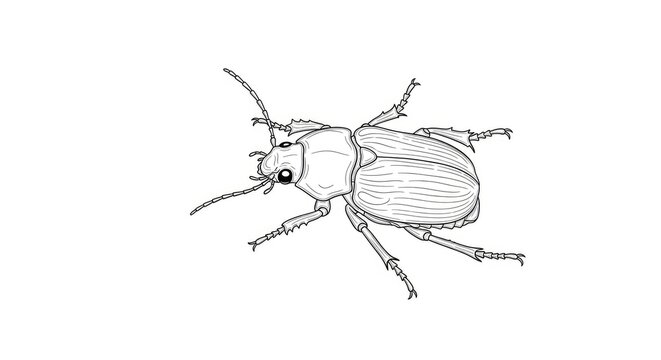 A detailed black and white line drawing depicts a darkling beetle. The beetle is positioned on a white background.