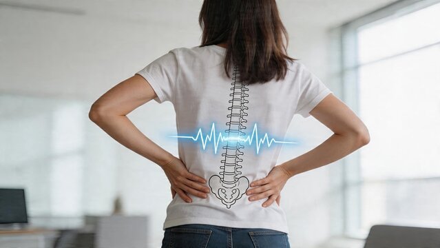 Young businesswoman suffering from lower back pain in office holding waist spinal column illustration on back with blue pulse line overlay symbolizing chronic discomfort