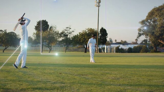 Bowler running delivering cricket ball batsman swinging bat then lunging graphic path showing score