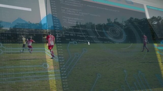 Yellow-jersey attacker starting dribbling down sideline, sports HUD mapping shot chance to goal