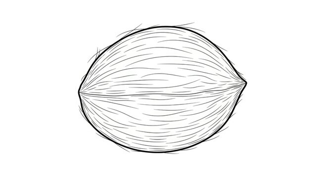 A detailed, black and white line drawing depicts a halved coconut.