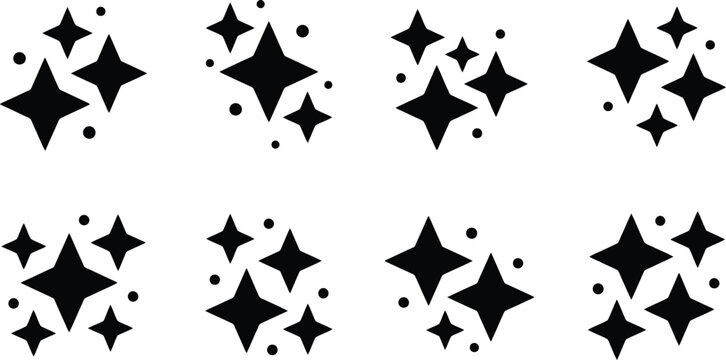 Eine Sammlung schwarzer Glitzer-Icons, jedes mit drei Sternen und mehreren Punkten, auf wei&szlig;em Hintergrund dargestellt.