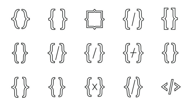 Set of coding bracket icons and curly braces in different styles for web development, programming, and software design.