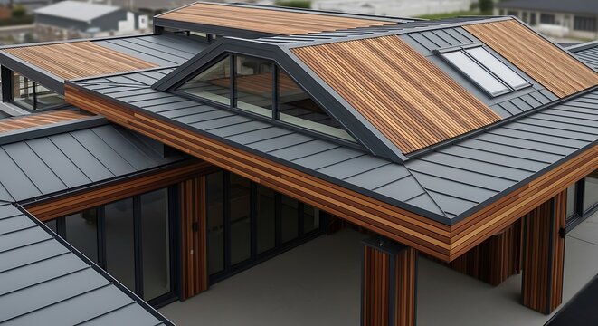 Modern Architectural Roof Design with Metal Standing Seam and Wood Paneling