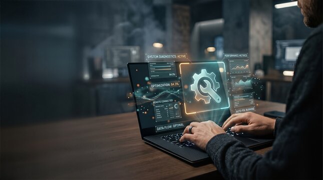 Professional remote IT infrastructure management and technical troubleshooting concept featuring a businessman using a laptop with futuristic holographic maintenance icons and digital data pulses