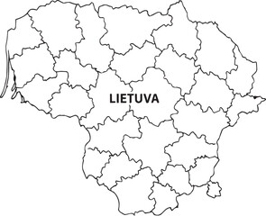 Fototapeta premium Black and white map of lithuania with county borders and the country name written in the center