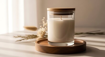 Obraz premium Minimalist Glass Candle with Wooden Lid on Tray.