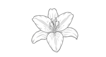 Obraz premium A detailed black and white line drawing depicts a lily flower. The flower’s petals are elegantly curved and textured, showcasing intricate details. The flower’s center is visible