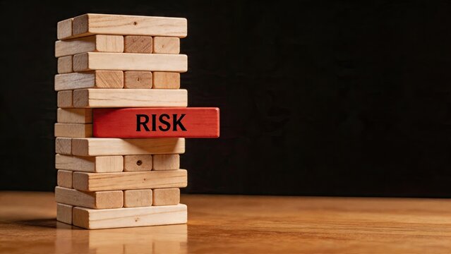Business concept wooden blocks tower jenga game unstable structure red block with word risk printed on it financial crisis danger warning corporate strategy metaphor investment