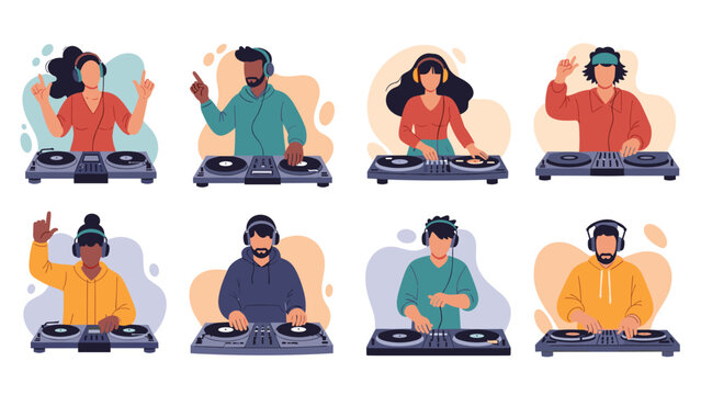 Set of male and female djs in various outfits playing music on turntables and mixing consoles at a party or dance club event.