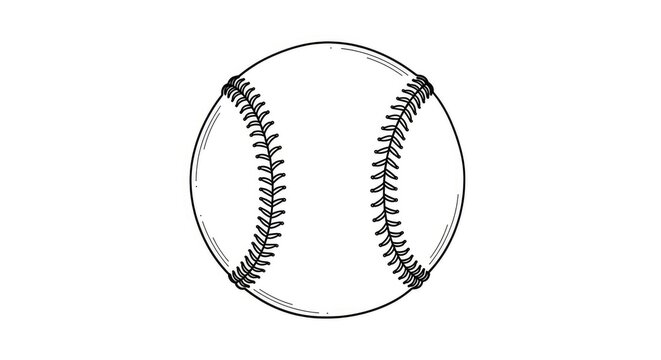 A black and white line drawing depicts a baseball. The baseball is centered on a white background. The baseball has a detailed stitching pattern and a prominent seam. The style is simple and graphic.