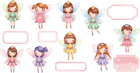 Fototapeta premium Cute Fairy Clipart Set with Labels and Frames