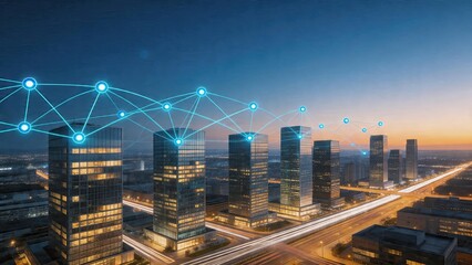 Fototapeta premium Cityscape at dusk featuring skyscrapers with glowing windows and digital network overlay representing smart city technology modern business hub urban landscape with light trails