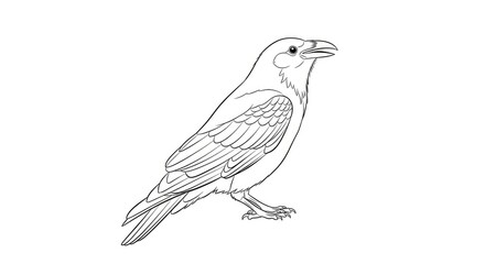 Obraz premium A raven is depicted in a line drawing style. The bird is facing forward and is shown in profile. It has a dark body with lighter feathers on its wings and tail.