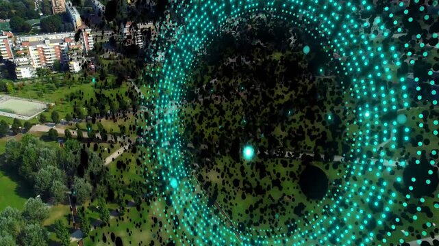 Cam moving tilting starting teal dot ring forming rotating pulsing over city park marking overlay