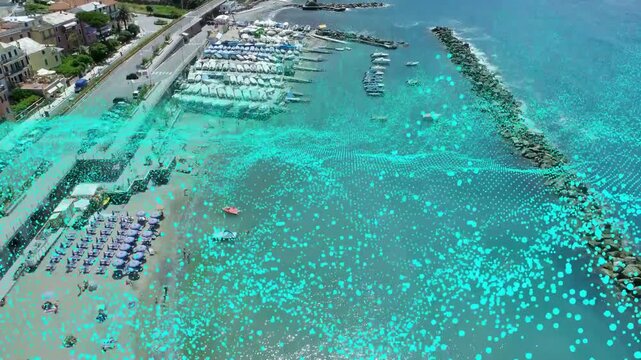 Camera panning along coast starting turquoise particle field sweeping left, visualizing water flow