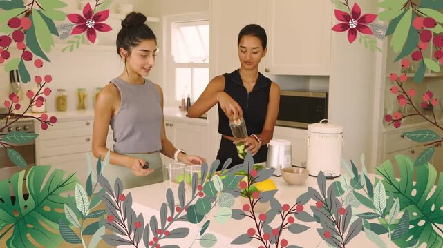 Left host gesturing cueing right host adding fruit into blender making culinary drink floral border