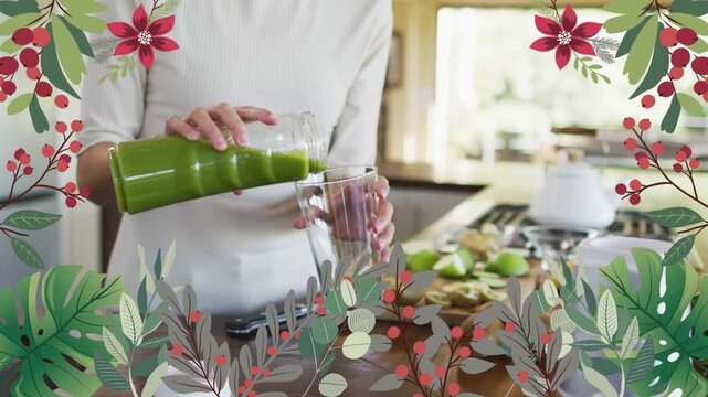 Woman tilting bottle, pouring green juice, glass filling for health, floral corners framing scene