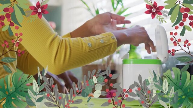 Woman holding herbs, man tearing leaves at kitchen counter, opening compost bin, floral overlaying