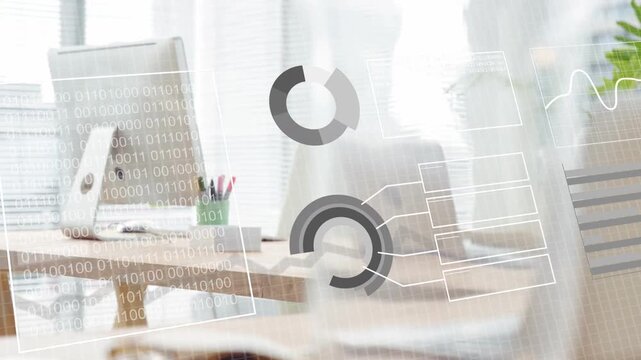 Cam panning up, desk showing data cards, glasses sliding off, charts growing to focus on monitor