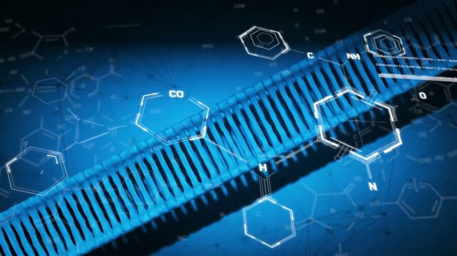 HUD graphics fading and sliding in, blue ribbed ribbon rolling while getting hex labels for scan