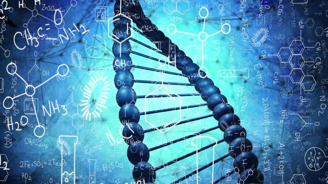 On start rotating DNA helix shifting view while camera zooming, overlays sliding showing chemistry