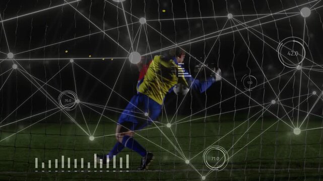 Kicker running and kicking ball, causing live data tracing shot path, GK diving for sports analysis
